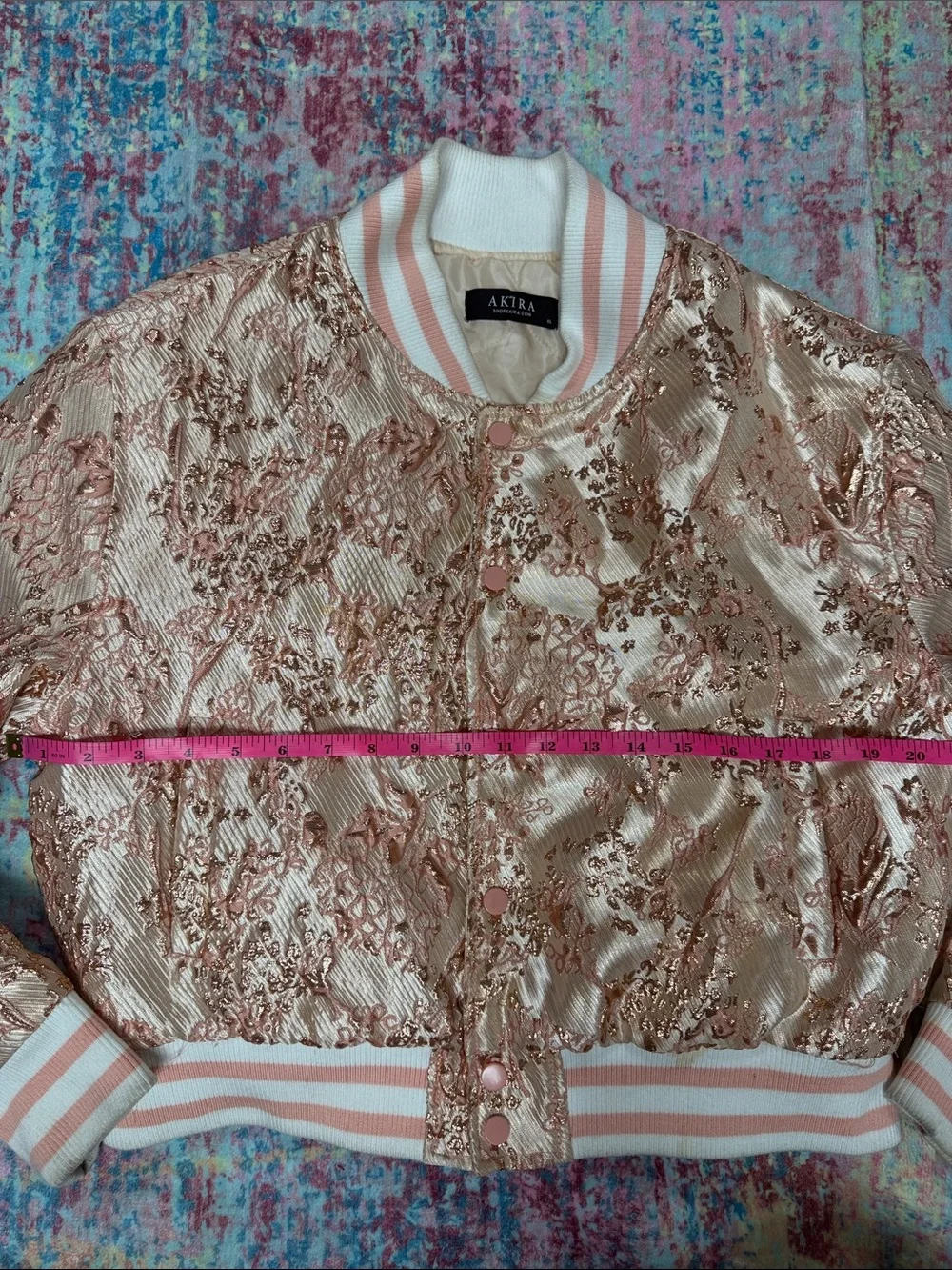 AKIRA Rose Gold Metallic Bomber Jacket with Blush Trim